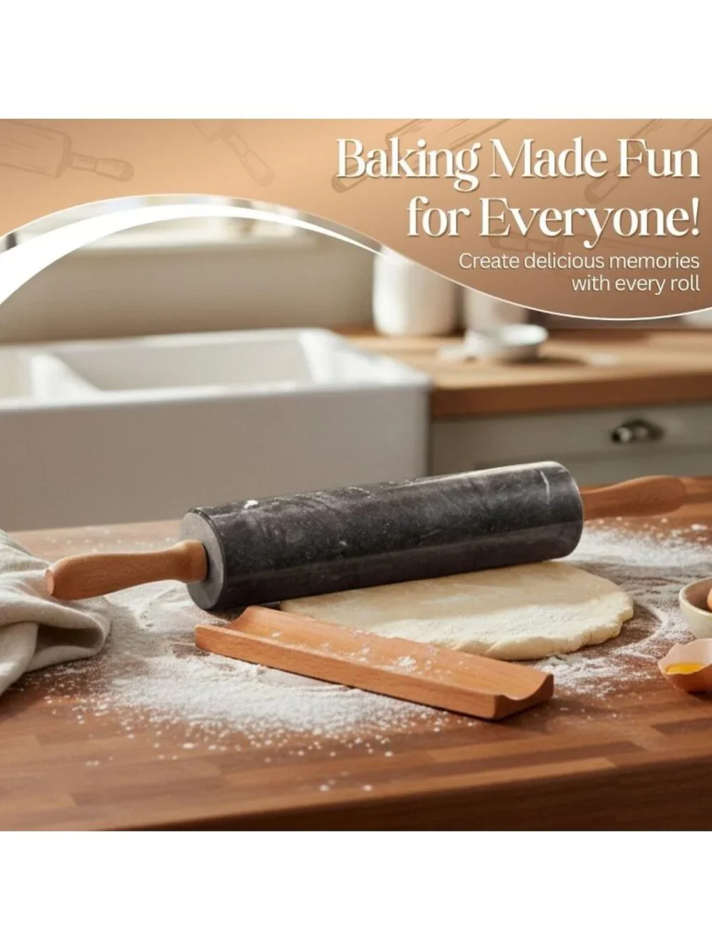 10-Inch Marble Rolling Pin with Wooden Handles & Cradle Stand for Baking Pastry